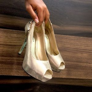 Paprika Gold Peep-toe Stiletto Heels